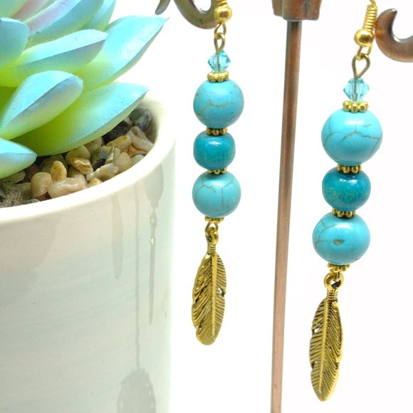 Faux Turquoise Dangle Earrings with Gold Feather and Swarovski Bead Accent - Picture 4 of 4